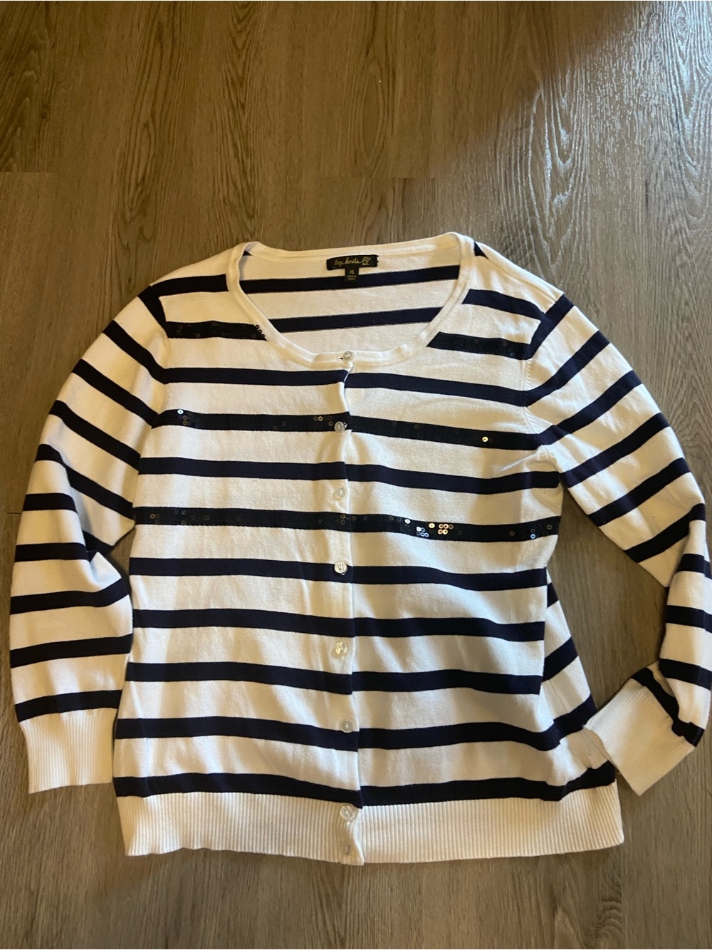 Striped Navy & White Button-Front Cardigan Sweater
